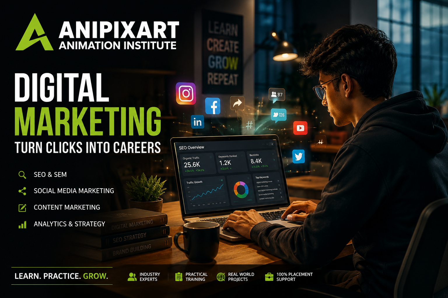 student learning digital marketing course in Lucknow with SEO dashboard